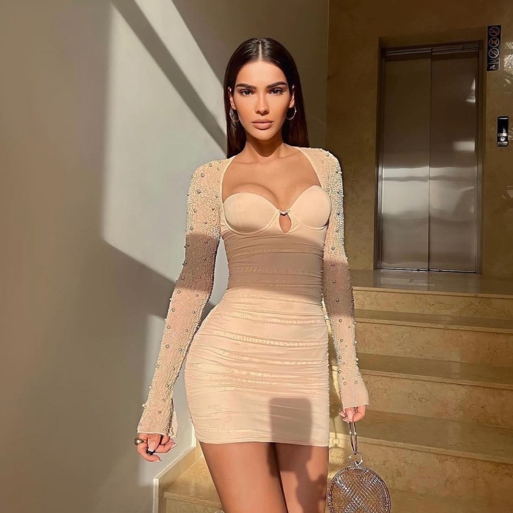 ST. GERMAIN
Embellished Long Sleeve Mini Dress in Sand